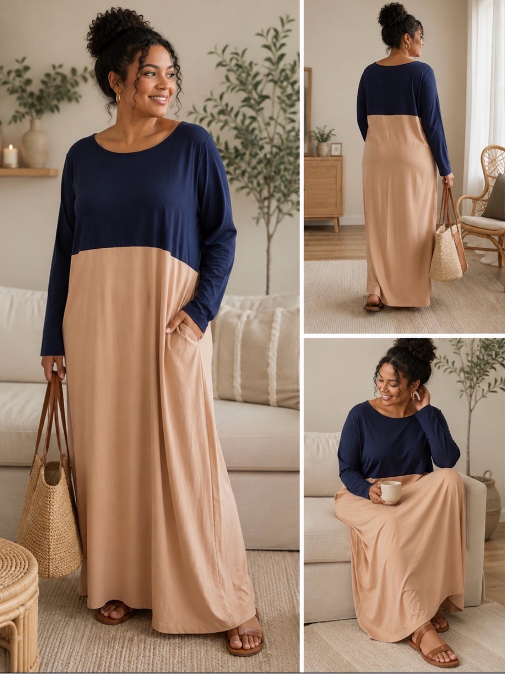 MISSLOOK Navy and Beige Colorblock Long Sleeve Maxi Dress